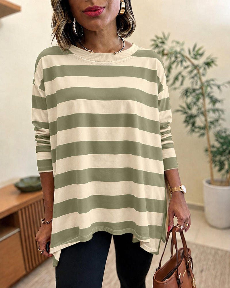 Women's Striped T Shirt Long Sleeve Drop Shoulder Crewneck Tee Side Slit Casual Loose Fit Top