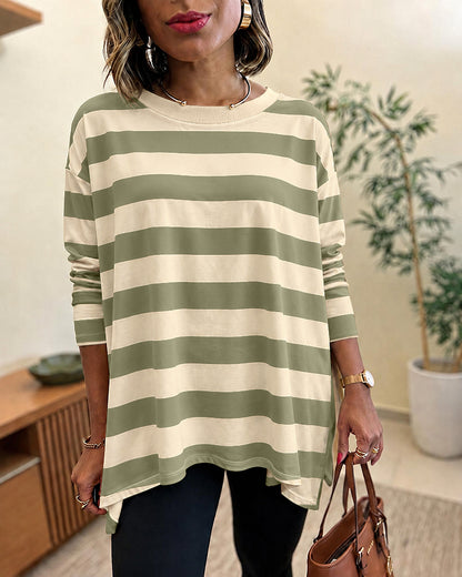 Women's Striped T Shirt Long Sleeve Drop Shoulder Crewneck Tee Side Slit Casual Loose Fit Top