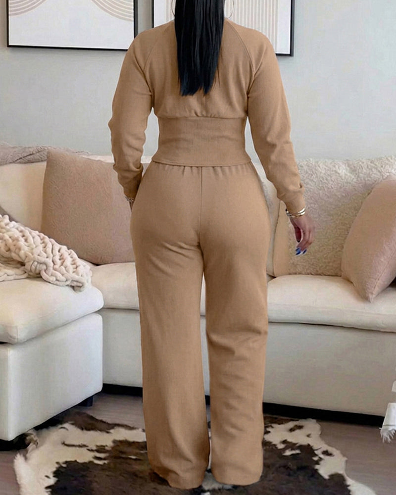 2 Pieces Outfit O-neck Long Sleeve Cinched Waist Sweatshirt and Elastic Waist Wide Leg Pants Set Casual Seam Design Sweatpants Set