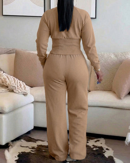 2 Pieces Outfit O-neck Long Sleeve Cinched Waist Sweatshirt and Elastic Waist Wide Leg Pants Set Casual Seam Design Sweatpants Set