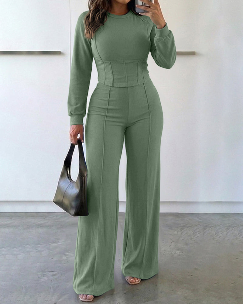 2 Pieces Outfit O-neck Long Sleeve Cinched Waist Sweatshirt and Elastic Waist Wide Leg Pants Set Casual Seam Design Sweatpants Set