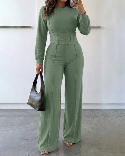 2 Pieces Outfit O-neck Long Sleeve Cinched Waist Sweatshirt and Elastic Waist Wide Leg Pants Set Casual Seam Design Sweatpants Set
