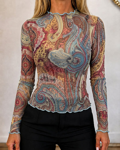 Women's Vintage Print Sheer Mesh Top Frill Trim Mock Neck Long Sleeve Tee