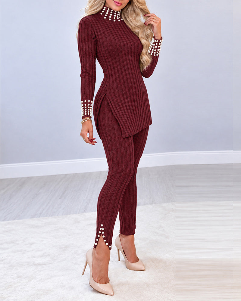 2 Pieces Outfit Mock Neck Long Sleeve Hollow-out Back Side Slit Longline Top and High Waist Slit Hem Pants Set Casual Pearls Decor Slim Fit Knit Lounge Set