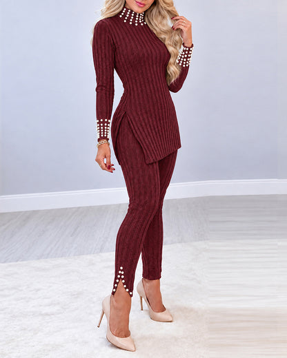 2 Pieces Outfit Mock Neck Long Sleeve Hollow-out Back Side Slit Longline Top and High Waist Slit Hem Pants Set Casual Pearls Decor Slim Fit Knit Lounge Set