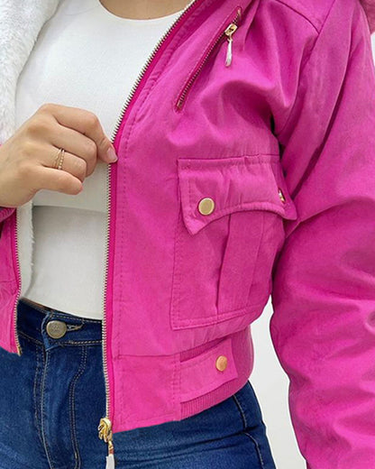 Fuzzy Trim Jacket Hooded Zip Up Fleece Lined Coat Outwear with Pockets