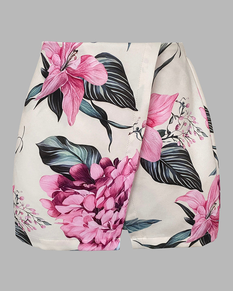 2 Pieces Outfit Notched Collar Double Breasted Crop Blazer and Elastic Back Waist Side Zipper Asymmetrical Hem Skort Set Casual Floral Print Commuting Set