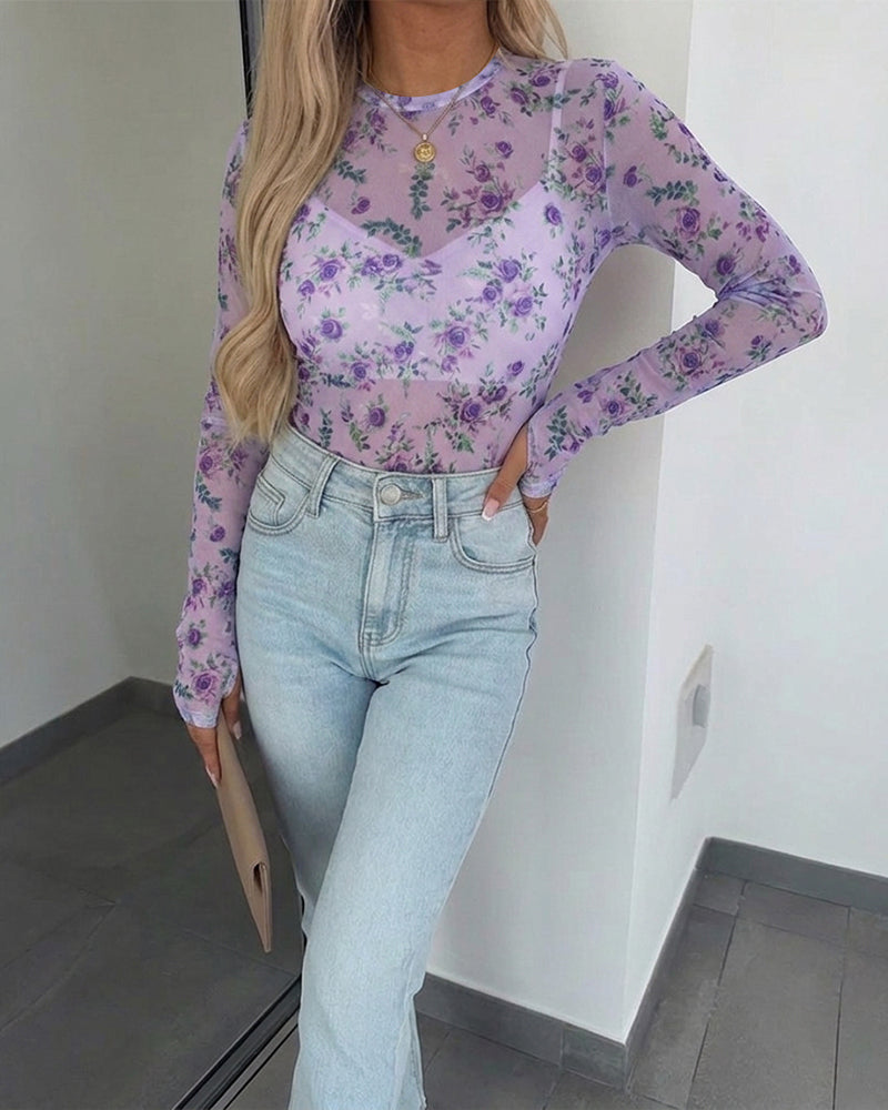 Women's Floral Print Sheer Mesh Top Long Sleeve Slim Fit Crewneck Layering Top with Thumb Hole Cuffs