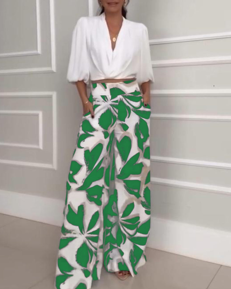 2 Pieces Outfit Wrap Plunge V Neck Crop Blouse and Casual Floral Print Wide Leg Pants Set
