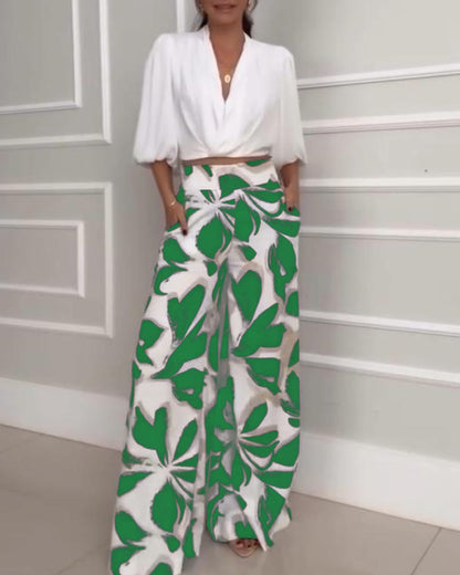 2 Pieces Outfit Wrap Plunge V Neck Crop Blouse and Casual Floral Print Wide Leg Pants Set