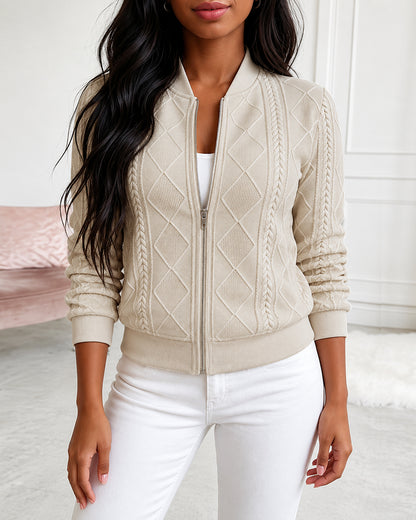 Women's Vintage Cable Knit Bomber Jacket Casual Argyle Zip Up Crop Coat with Pockets
