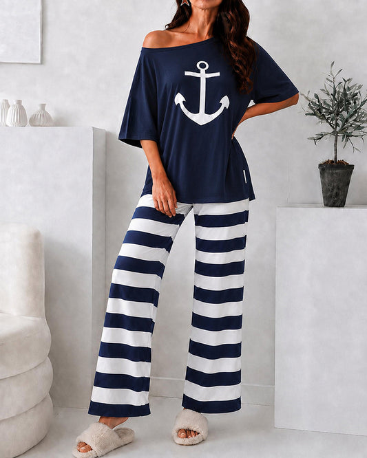 Women's Loungewear Set Anchor Print Side Slit Top and Striped Straight Leg Pants Set Casual Pajamas Set with Pockets