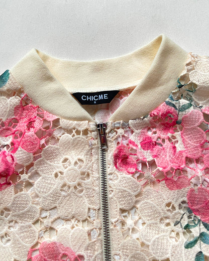 Floral Print Zip Up Water-Soluble Lace Baseball Coat Casual Hollow-out Bomber Crop Jacket