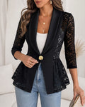 Women's Lace Patchwork Blazer Elegant Shawl Lapel Peplum Coat Single Breasted Three Quarter Sleeve Outwear