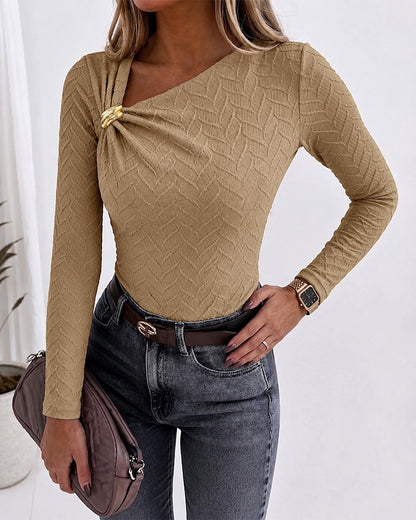 Women's Asymmetrical Neck Gold Buckle Twist Long Sleeve Top Textured Slim Fit Tee