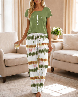 Ensemble pyjama deux pièces pour femmes, haut à manches courtes imprimé lettres Faith et pantalon droit teint par nouage, ensemble de salon décontracté