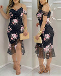 Women's French Floral Mesh Dress Sparkling Rhinestone Ruffle Hem Cami Dress Stretchy Pearl Strap Cowl Neck Bodycon Slit Dress