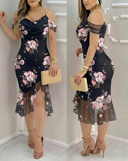 Women's French Floral Mesh Dress Sparkling Rhinestone Ruffle Hem Cami Dress Stretchy Pearl Strap Cowl Neck Bodycon Slit Dress