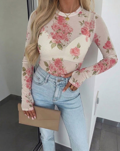 Women's Floral Mesh Long Sleeve Top Sheer O-Neck Slim Fit Blouse for Casual Streetwear & Layering