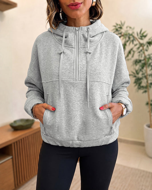 Women's Half-Zip Cropped Pullover Hoodie Drop Shoulder Drawstring Sweatshirt