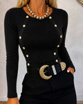 Women's Gold Button Long Sleeve Crewneck Ribbed Knit Slim Fit Top