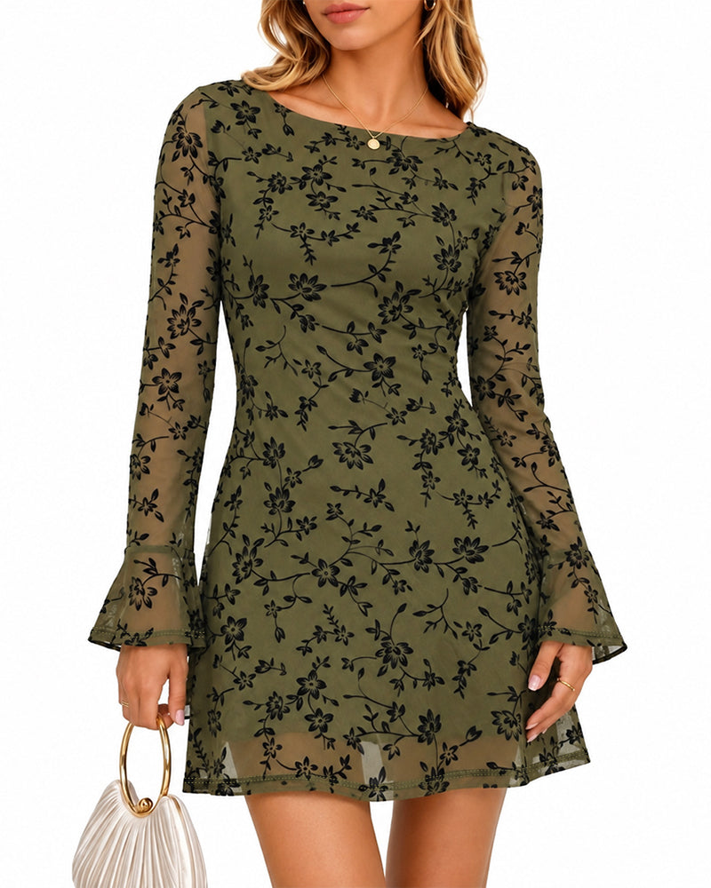 Women's Boat Neck Flocked Floral Sheer Mesh Flared Cuffs Slim A-Line Mini Dress
