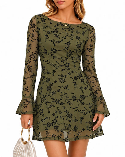 Women's Boat Neck Flocked Floral Sheer Mesh Flared Cuffs Slim A-Line Mini Dress
