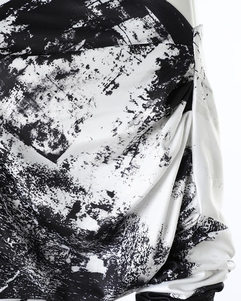 Tie Dye Print Skew Neck Wrapped Slit Wide Leg Jumpsuit