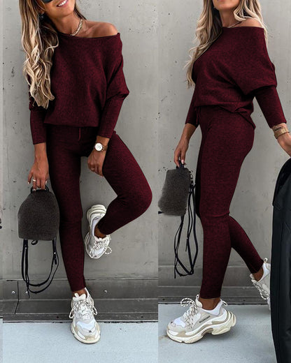 2 Pieces Outfit Skew Neck Long Sleeve Loose Pullover Top and Drawstring High Waist Slim Fit Pants Set