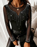 Rhinestone Decor Long Sleeve Sheer Mesh Spliced Tee Slim Fit Top