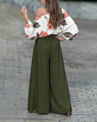 2 Pieces Outfit French Style Floral Print Skew Neck Batwing Sleeve Stretchy Hem Top and Zipper Fly Elastic Back Waist Wide Leg Pants Set Casual Loose Fit Set