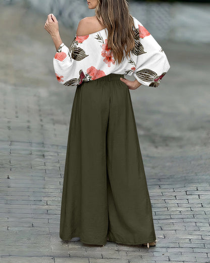2 Pieces Outfit French Style Floral Print Skew Neck Batwing Sleeve Stretchy Hem Top and Zipper Fly Elastic Back Waist Wide Leg Pants Set Casual Loose Fit Set