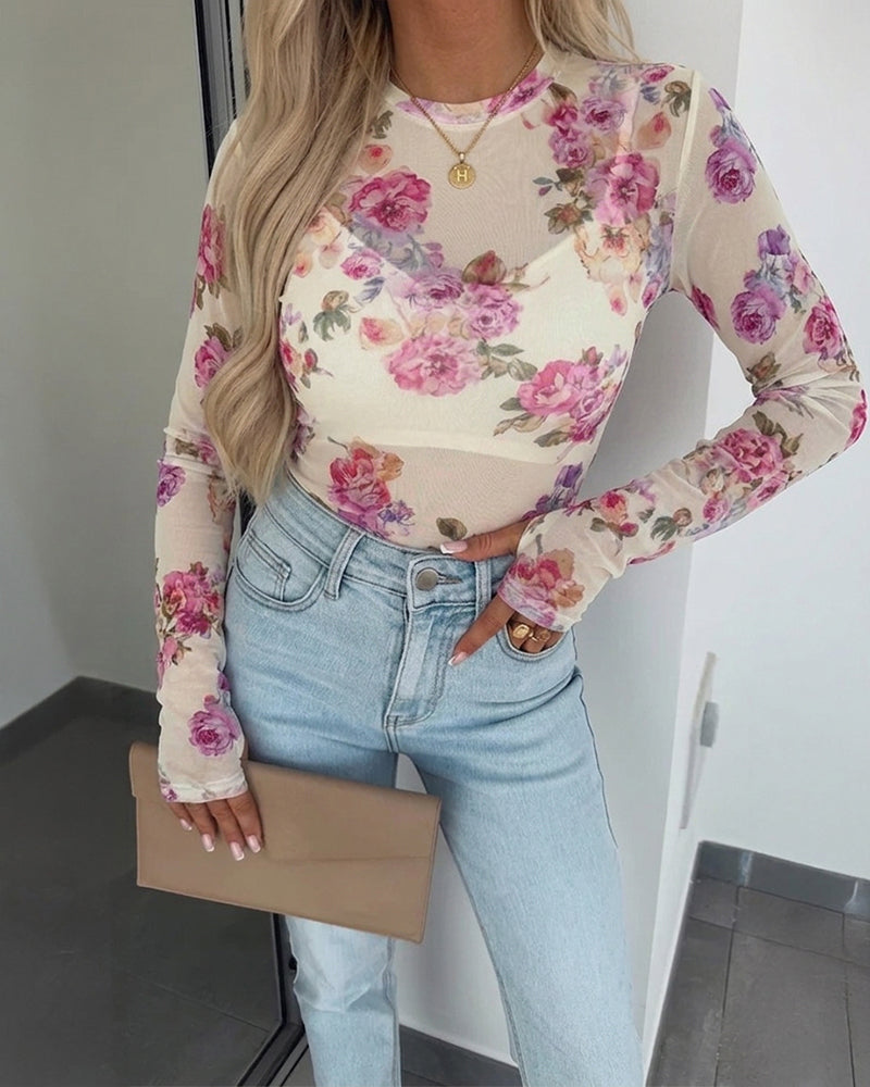 Women's Floral Print Sheer Mesh Top Long Sleeve Slim Fit Crewneck Layering Top with Thumb Hole Cuffs