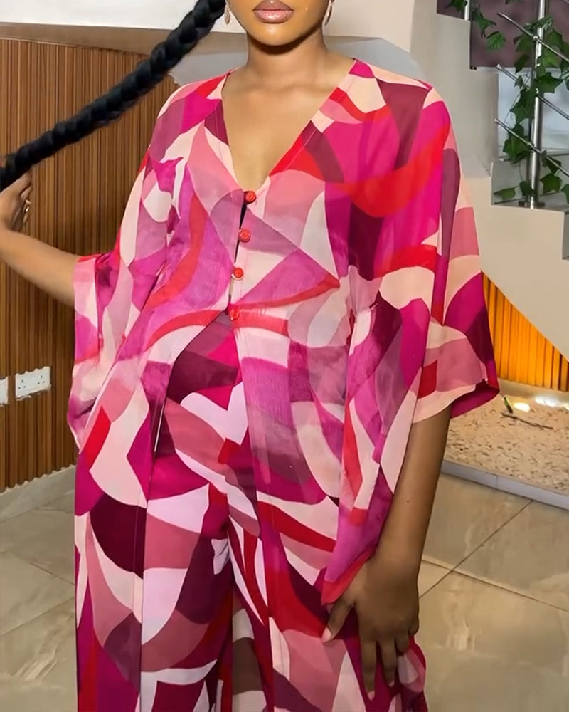 2 Pieces Outfit Colorblock Geometric Print Batwing Sleeve Cover Up and Casual Wide Leg Pants Set