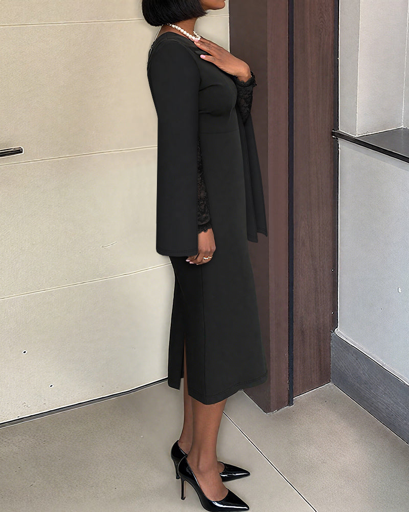 Asymmetrical Foldover Neck Lace Long Sleeve with Split Sleeve Overlay Party Dress Slim Fit Zipper Back Slit Commuting Dress