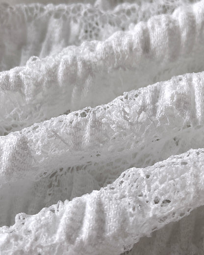 2 Pieces Outfit Turn-down Collar Lantern Sleeve Button Front Sheer Top and Elastic Waist Double Layer Ruffle Hem Skirt Set Casual Jacquard Floral Lace Skort Set