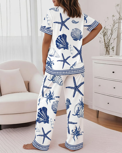 Women's 2 Piece Ocean Style Print Lounge Sets Short Sleeve T Shirt and High Waisted Wide Leg Pants Pajamas Sets with Pockets