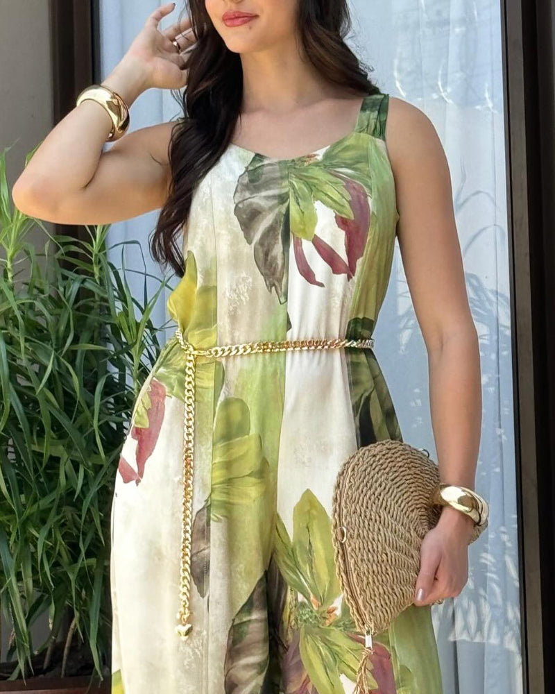 Plants Print Thick Strap Seam Jumpsuit Casual Wide Leg Jumpsuit