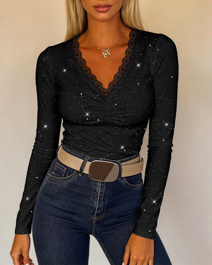 Women's Sparkle Glitter V Neck Long Sleeve Top Ruched Lace Trim Tee