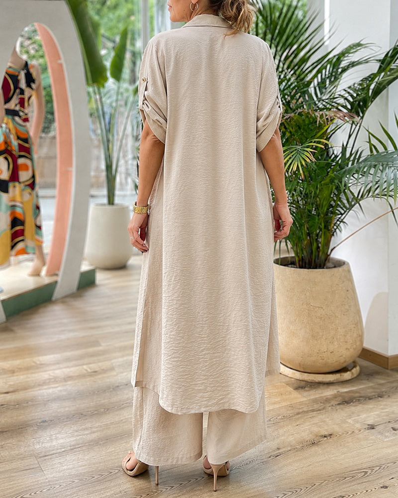 Women's Textured Two Piece Outfit Long Sleeve Button Down Longline Shirt and Wide Leg Pants Set Casual Matching Set