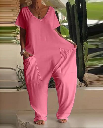 V-Neck High Stretch Tapered Drop-Crotch Casual Jumpsuit With Pockets