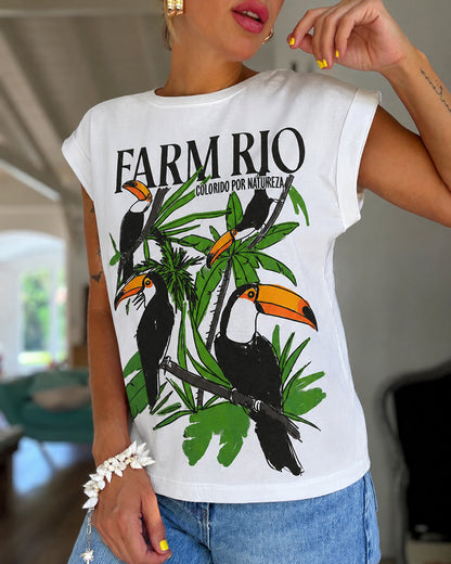 Women's Tropical Toucan Graphic Tee Cuffed Cap Sleeve Loose Crewneck T-Shirt Casual Top