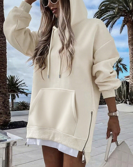 Long Sleeve Pocket Design Pullover Sweatshirt Casual Faux Two Piece Longline Drawstring Hooded Top
