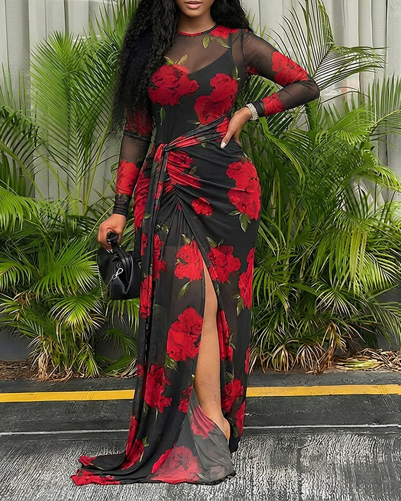 2 Pieces Outfit Floral Print Long Sleeve Tie Waist High Slit Sheer Mesh Maxi Dress with V-Neck Adjustable Spaghetti Straps Cami Mini Dress