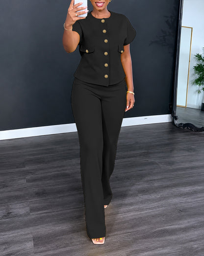 Women's 2 Piece Outfits Short Sleeve Button Down Top and Straight Leg Pants Set Casual Commuter Suits