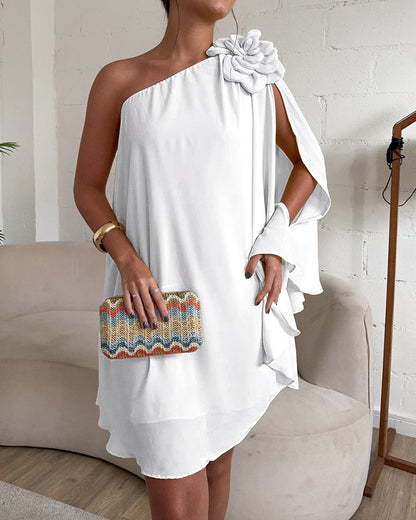 One Shoulder Sleeveless 3D Flower Decor Mini Dress Casual A Line Vacation Dress