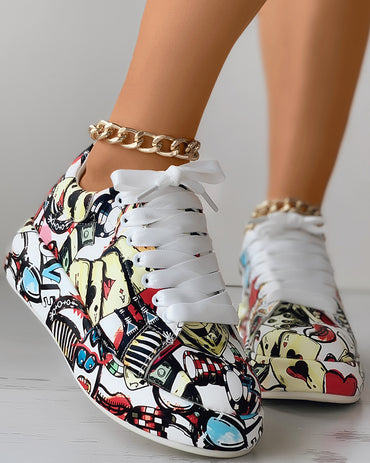 Lace-up Front Painting Print Platform Sneakers