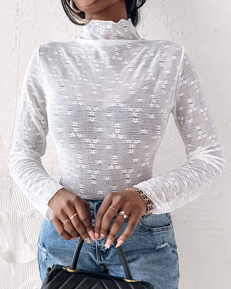 Lace Frill Hem Mock Neck Long Sleeve T-Shirt Sexy Floral Sheer Mesh Hollow Out Top