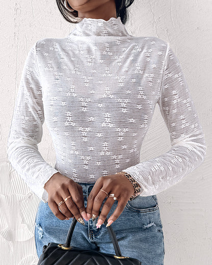 Lace Frill Hem Mock Neck Long Sleeve T-Shirt Sexy Floral Sheer Mesh Hollow Out Top