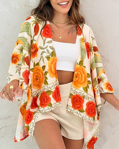 Tropical Floral & Animal Print Open Front Half Sleeve Cover-up Casual Hollow-out Back Loose Fit Cardigan